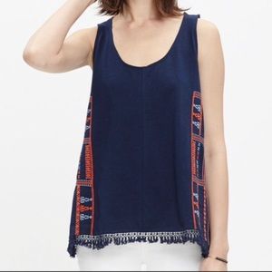 Madewell Navy Tank with embroidery and fringe